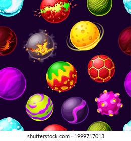 Cartoon galaxy planets and space stars seamless pattern. Vector futuristic background with asteroids explosion, fantastic cosmic objects, alien planets with rings, craters and glowing lava surface