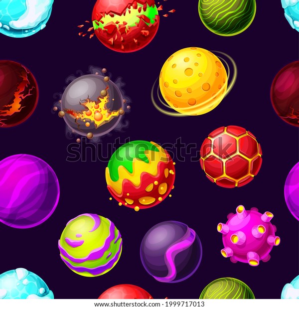 Cartoon galaxy planets and space stars seamless\
pattern. Vector futuristic background with asteroids explosion,\
fantastic cosmic objects, alien planets with rings, craters and\
glowing lava surface