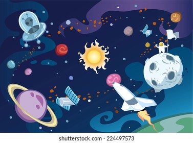 Cartoon galaxy scene featuring spaceship, aliens, sun and the solar system, and an astronaut.