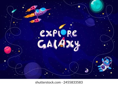 Cartoon Galaxie Hintergrund mit Raketenweg, Sterne und Alien, Vektorgrafik Poster. Weltraumrahmen mit Raumschiff-Raketenpfad, Planeten und Asteroiden, Kometen und außerirdischer Marsraumfahrer im Sternenhimmel