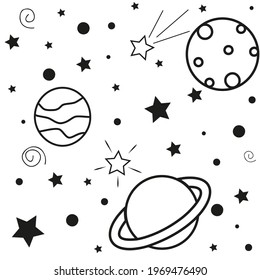 Cartoon galaxy with space elements. Seamless background with planets, comet and stars. Hand-drawn doodle, vector illustration. Cute vector for print , textile, posters, cards, ets