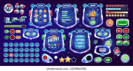 Cartoon galaxy space game interface. Game buttons, gui elements, ui game asset of menu vector screens. Spaceship status bars, panels and buttons with planets, coins, stars, UFO and alien characters