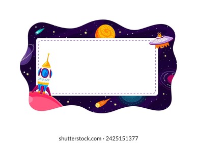 Caricatura del espacio de la galaxia marco o borde con platillo ovni, cohete, planetas y cometas en caída. Fondo del vector con el motor del transbordador y la placa voladora alienígena caprichosa viajan en las profundidades del cosmos lejano