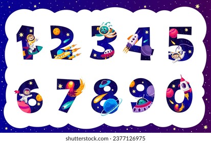 Cartoon galaxy space numbers, math game elements, vector astronomy science and kids education. Funny numbers font with kid astronauts and aliens characters, space rocket and UFO, planets and comets