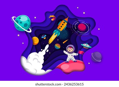 Caricatura galaxia de papel espacial cortado banner con lanzamiento de cohetes y niño astronauta, vector de fondo. Aventura en el espacio exterior y exploración de galaxias con niños astronauta con nave espacial, OVNI alienígena y asteroides