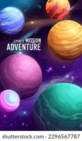 Cartoon galaxy space planets poster. Cartoon vector background solar system, alien world or Universe exploration space mission adventure. Vertical card with bright cosmic celestial fantastic landscape