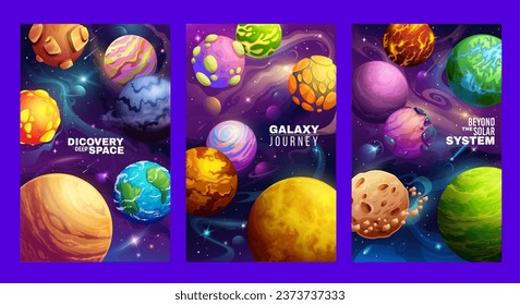 Afiche de planetas espaciales de la galaxia de caricatura. Afiches o afiches de vectores de aventura o de viaje por galaxia. Volante de astronomía con fantásticas galaxias alienígenas y planetas del Sistema Solar, estrellas nebulosas