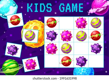 Cartoon galaxy and space planets sudoku maze game. Vector kid education block puzzle game, logic riddle or worksheet template, fantasy universe planets, asteroids, stars and meteors, craters, rings