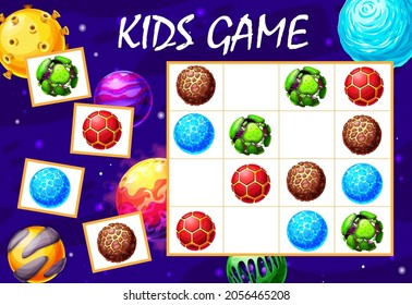 Cartoon galaxy and space planets sudoku maze game. Vector puzzle, kids riddle with alien planets on chequered cosmic board. Educational task, children sparetime boardgame teaser for baby playing