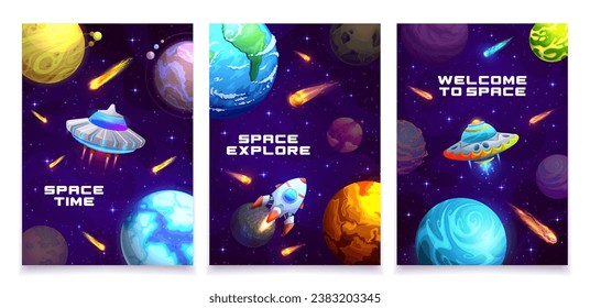 Cartoon Galaxy Space Plakate. Vektorkarten mit außerirdischen Aerosautoren, Raketen, Planeten und Asteroiden in einer fantasievollen kosmischen Welt mit Himmelsobjekten. Expeditionsabenteuer in Raumschiffen im Sternenuniversum