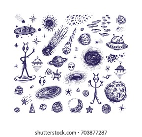 Cartoon Galaxy. Vector Universe. Outer Space Set. Hand Drawn Doodle Cosmic Space: Planets, Stars, UFO, Funny Aliens, Black Hole, Comets. Cosmos