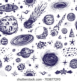 Cartoon Galaxy. Vector Universe. Outer Space Seamless Pattern. Hand Drawn Doodle Cosmic Space: Planets, Stars, Black Hole, Comets. Cosmos Background