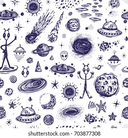 Cartoon Galaxy. Vector Universe. Outer Space Seamless pattern. Hand Drawn Doodle Cosmic Space: Planets, Stars, UFO, Funny Aliens, Black Hole, Comets. Cosmos Background