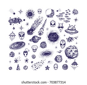 Cartoon Galaxy. Vector Universe. Outer Space Set. Hand Drawn Doodle Cosmic Space: Planets, Stars, UFO, Alien Face, Black Hole, Comets. Cosmos