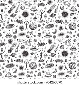 Cartoon Galaxy. Vector Universe. Outer Space Seamless Pattern. Hand Drawn Doodle Cosmic Space: Planets, Stars, UFO, Funny Aliens, Black Hole, Comets. Cosmos Background