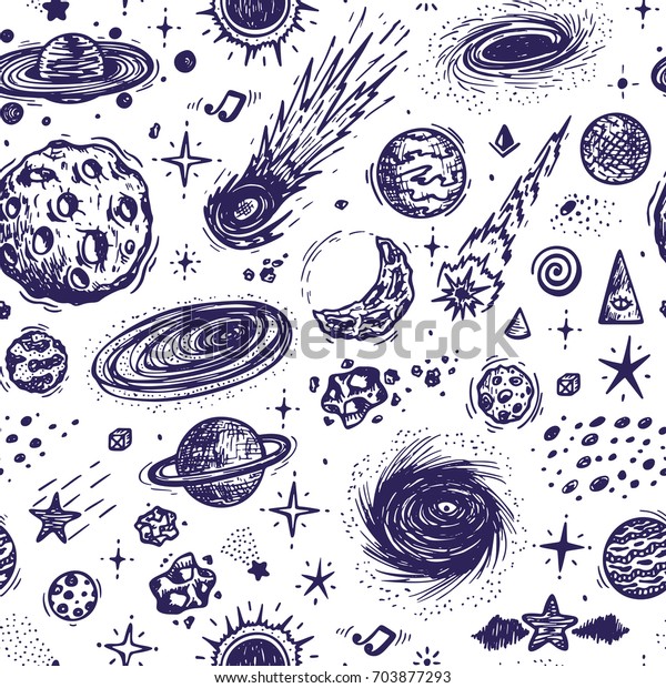 Cartoon Galaxy. Vector Universe. Outer Space\
Seamless pattern. Hand Drawn Doodle Cosmic Space: Planets, Stars,\
Black Hole, Comets. Cosmos\
Background