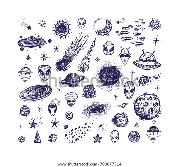 Cartoon Galaxy. Vector Universe. Outer Space Set.\
Hand Drawn Doodle Cosmic Space: Planets, Stars, UFO, Alien Face,\
Black Hole, Comets.\
Cosmos