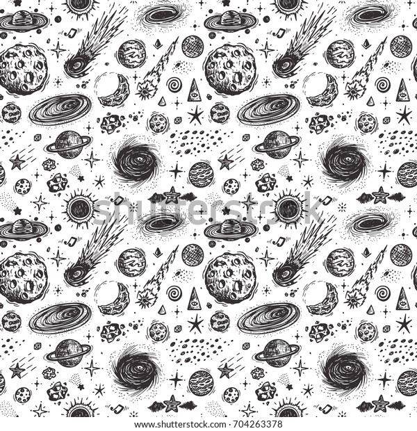 Cartoon Galaxy. Vector Universe. Outer Space\
Seamless pattern. Hand Drawn Doodle Cosmic Space: Planets, Stars,\
Black Hole, Comets. Cosmos\
Background