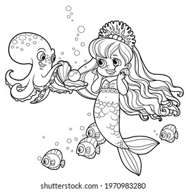 Cartoon gallant octopus gives the mermaid princess a pearl in the shell outlined for coloring page isolated on white background