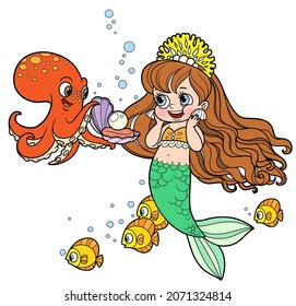 Cartoon gallant octopus gives the mermaid princess a pearl in the shell color variation for coloring page