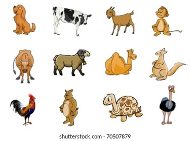 A cartoon gallery of animal collection of a Dog, A cow, A goat, a Sheep, a Camel, a Kangaroo, A cock, A bear, a Turtle and an Ostrich