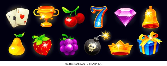 Iconos de juego de dibujos animados. Icono de tragamonedas de póquer de casino de juego, taza de oro brillante campana fruta siete gui dinero símbolos de regalo de bonificación, Elementos de ui móvil de dibujos animados Ilustración vectorial de juego símbolo de dibujos animados