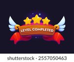 Cartoon game asset or icon displays a Level Completed badge with three shining stars, angelic wings, wooden board, sparks and red ribbon, embodies achievement and success for games and mobile apps