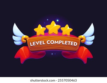 Cartoon game asset or icon displays a Level Completed badge with three shining stars, angelic wings, wooden board, sparks and red ribbon, embodies achievement and success for games and mobile apps