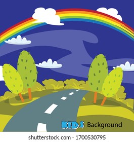 cartoon game background with road ,cartoon background blue sky with trees in kids environment for kids game,kids background