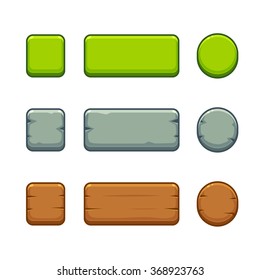 Botones de juego de caricaturas de diferentes estilos - verde, piedra y madera. Activos de interfaz de juego de vectores.