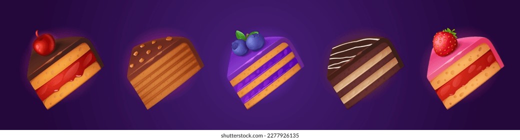 Cartoon game cake dessert match 3 bakery asset set. Variety of isolated chocolate sweet snack slice with cream design for restaurant or confectionary shop menu. Png pastry with glaze pack elements