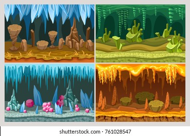 Cartoon game cave landscapes set with rocks plants and different natural elements materials textures vector illustration