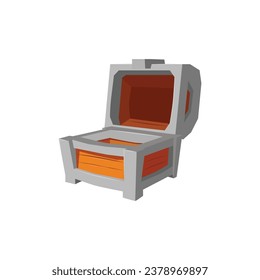 Cartoon game chest. Empty treasure box with metal frame, open medieval ancient wooden chest, game old pirate coffer. Vector illustration isolated casket props for user ui interface.