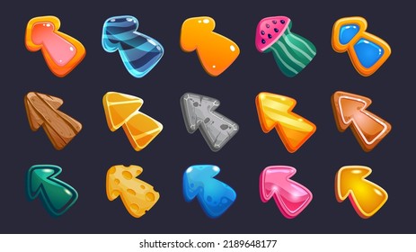 Cartoon game cursors. Click arrows and pointer interface icons of different shapes and materials. Vector 2D game sprite asset of pointing GUI symbols. Illustration of pointer click cartoon arrows