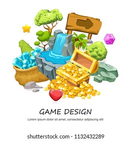 Cartoon game design concept with treasure chest of gold coins waterfall wooden signboard stone trees minerals jewel isolated vector illustration