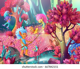 Cartoon game design magic template with funny trolls characters in enchanted bright forest vector illustration