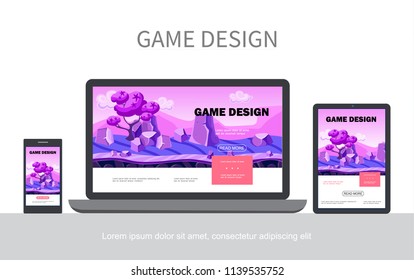 Cartoon game design UI concept with fantasy landscape trees stones adaptive for mobile laptop tablet screens isolated vector illustration