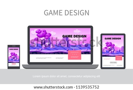 Cartoon game design UI concept with fantasy landscape trees stones adaptive for mobile laptop tablet screens isolated vector illustration