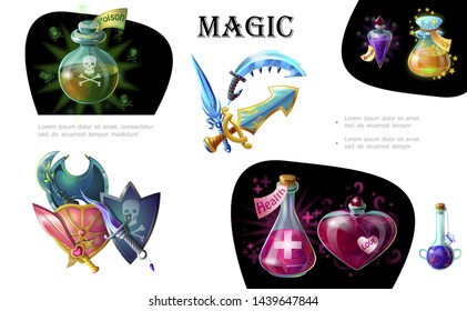Cartoon game elements colorful concept with medieval weapons and bottles of different magic potions vector illustration