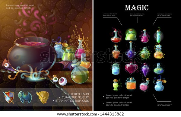 中世の武器魔女のコルドロンの瓶やフラスクに色とりどりの魔法のポーションとエリクシスのベクターイラストを使った漫画のゲームエレメントの構成 のベクター画像素材 ロイヤリティフリー