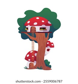 Cartoon game fantasy huts on tree trunk. Vector flat illustration of cute fairy tale village houses with ladder and fly agaric roof. Rural wooden dwellings in the summer forest