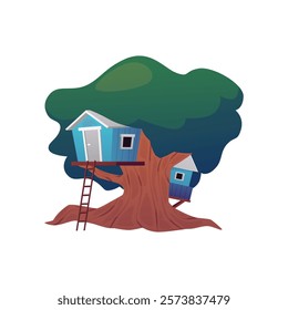 Cartoon game fantasy huts with stairs on the tree trunk. Vector flat illustration of cute fairy tale blue wooden houses with ladder. Rural village dwellings in green tree foliage isolated on white