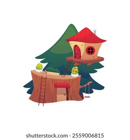 Cartoon game fantasy huts in tree trunk. Vector flat illustration of cute fairy tale houses with ladder. Rural village wooden dwellings with potted plants and swing, fir tree