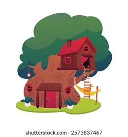 Cartoon game fantasy huts in tree trunk. Vector flat illustration of cute fairy tale houses with ladder, porch and hammock. Rural village wooden dwellings isolated on white background