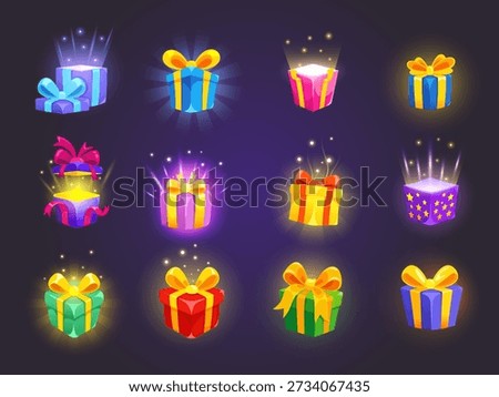 Cartoon game giftboxes. Gift boxes ui icons, 2d casual gaming mystery bonus casino prize discount present level secret digital present birthday new year, kicky vector illustration