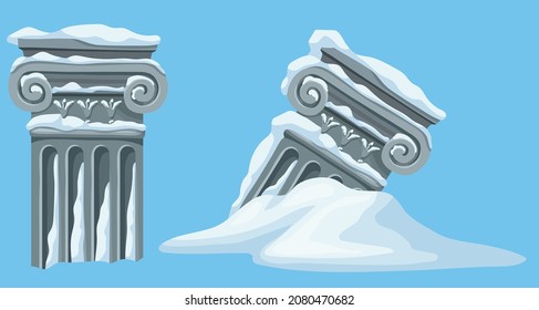 Cartoon game gray columns under snow. Ice age. Frozen  destroyed pillars for facade after storm. Aftermath of natural disaster. Vector illustration on white background.