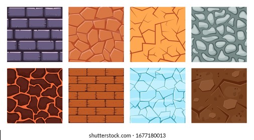 Cartoon Game Ground. Texture Game Brick Surface, Ice, Bricks Sandy Desert And Dirt Ground Layers For Game Level Design Vector Illustration Set. Cartoon Surface Pattern, Rock And Brick, Sandy Level