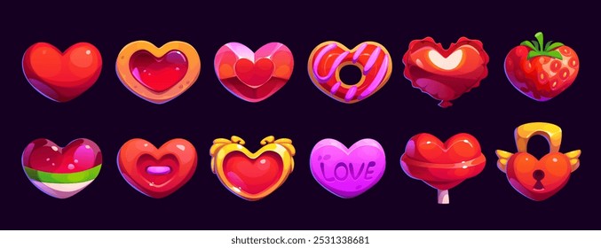 Cartoon game hearts asset. Vector romantic love gui set of shapes in red and pink colors including classic heart, candy, strawberry and lollipop, winged lock, donut or gemstone, cookie and air balloon