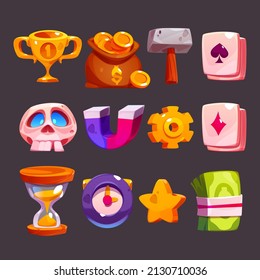 Cartoon game icons for casino or rpg user interface. Gold trophy cup, money sack, hammer, playing cards and skull, magnet, gear, hourglass and clock, golden star and paper bills Vector elements set