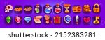 Cartoon game icons gold key, skull, xp, golden padlock, treasure chest and money sack. Potion bottles, hourglass, gem stones and parchment, spell book, shield and heart Vector gui graphics collection